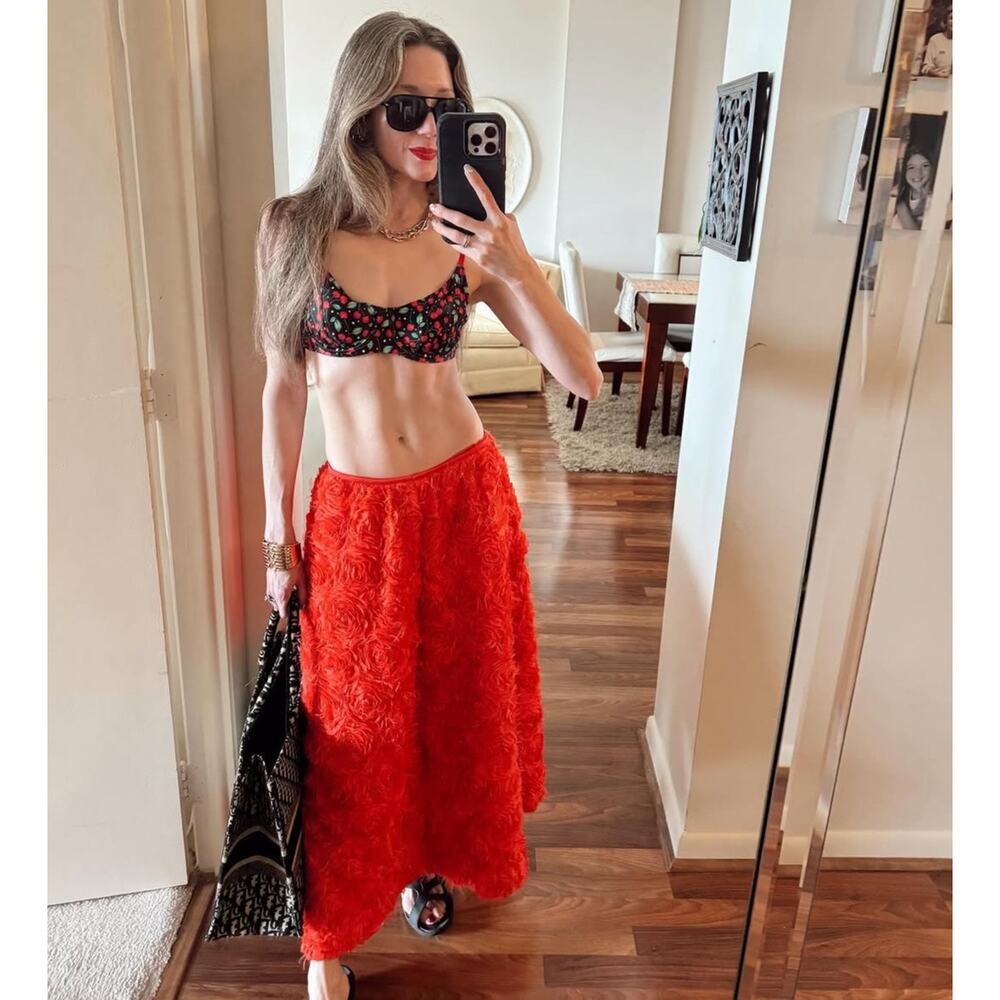 ZARA Floral Voluminous Midi Skirt NWT | Red Textured A-Line - Picture 10 of 16